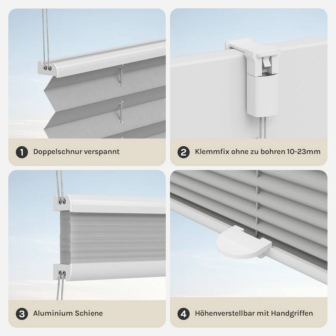 24goodz Pleated Blind with Easyfix No-Drill Installation - Elegant Design - 100% Polyester - Grey - Width 45-120 cm, Height 130 cm