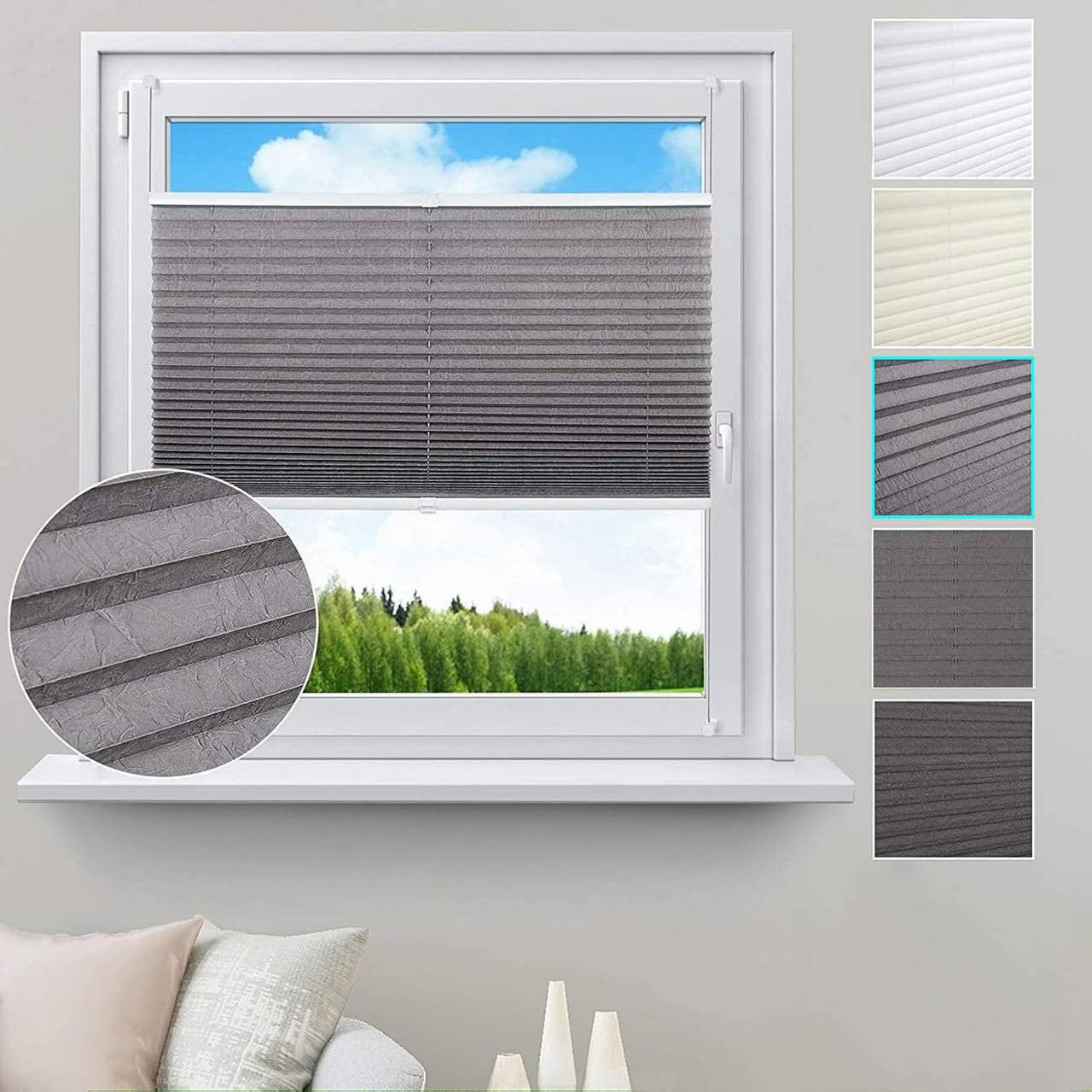 24goodz Pleated Blind with Clamp Installation - Easy Installation Without Drilling - 100% Polyester - For Any Room - Grey 110x130