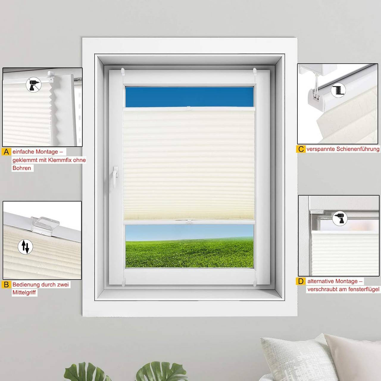 24goodz Pleated Blind with Crushed Look - Easy Installation Without Drilling - 100% Polyester - For Any Room - White 120x130 - ws