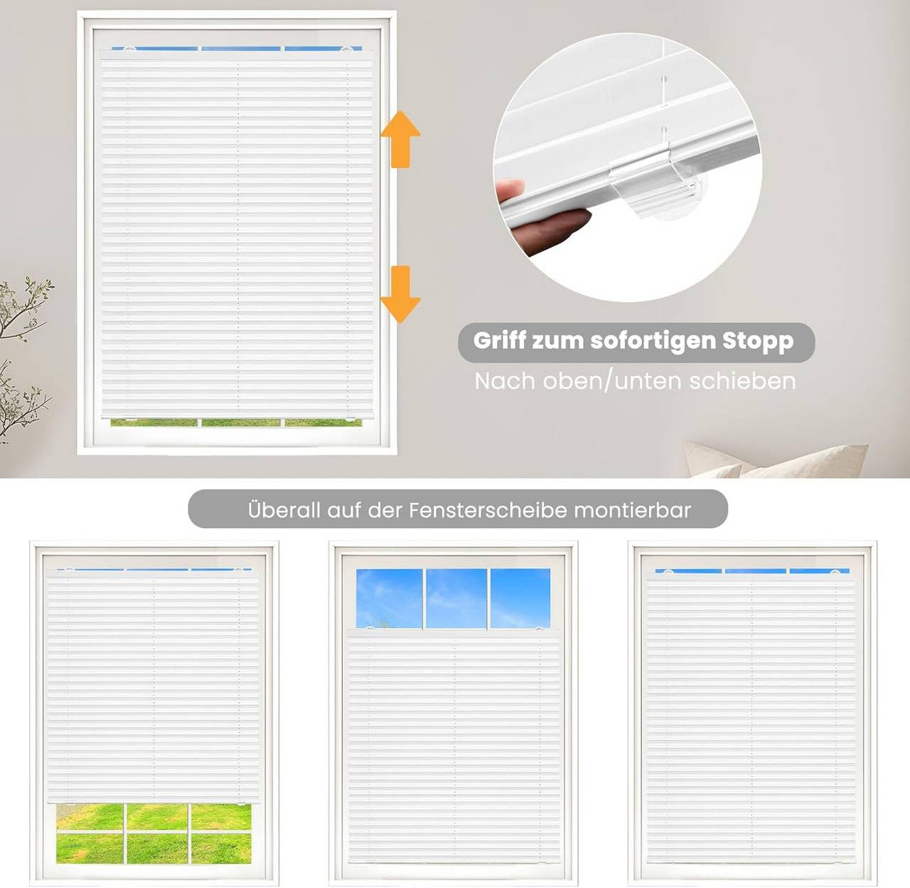 24goodz Pleated Blind without Drilling - Adjustable Height - Polyester - For Any Smooth Glass Surface - White/Gray - 90 x 130 cm