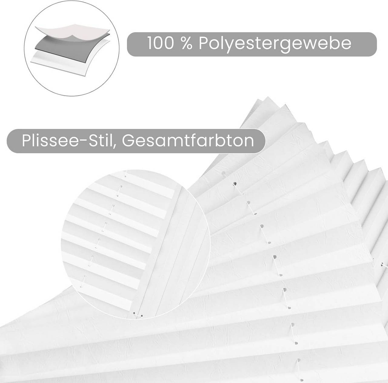 24goodz Pleated Blind without Drilling - Adjustable Height - Polyester - For Any Smooth Glass Surface - White/Gray - 90 x 130 cm