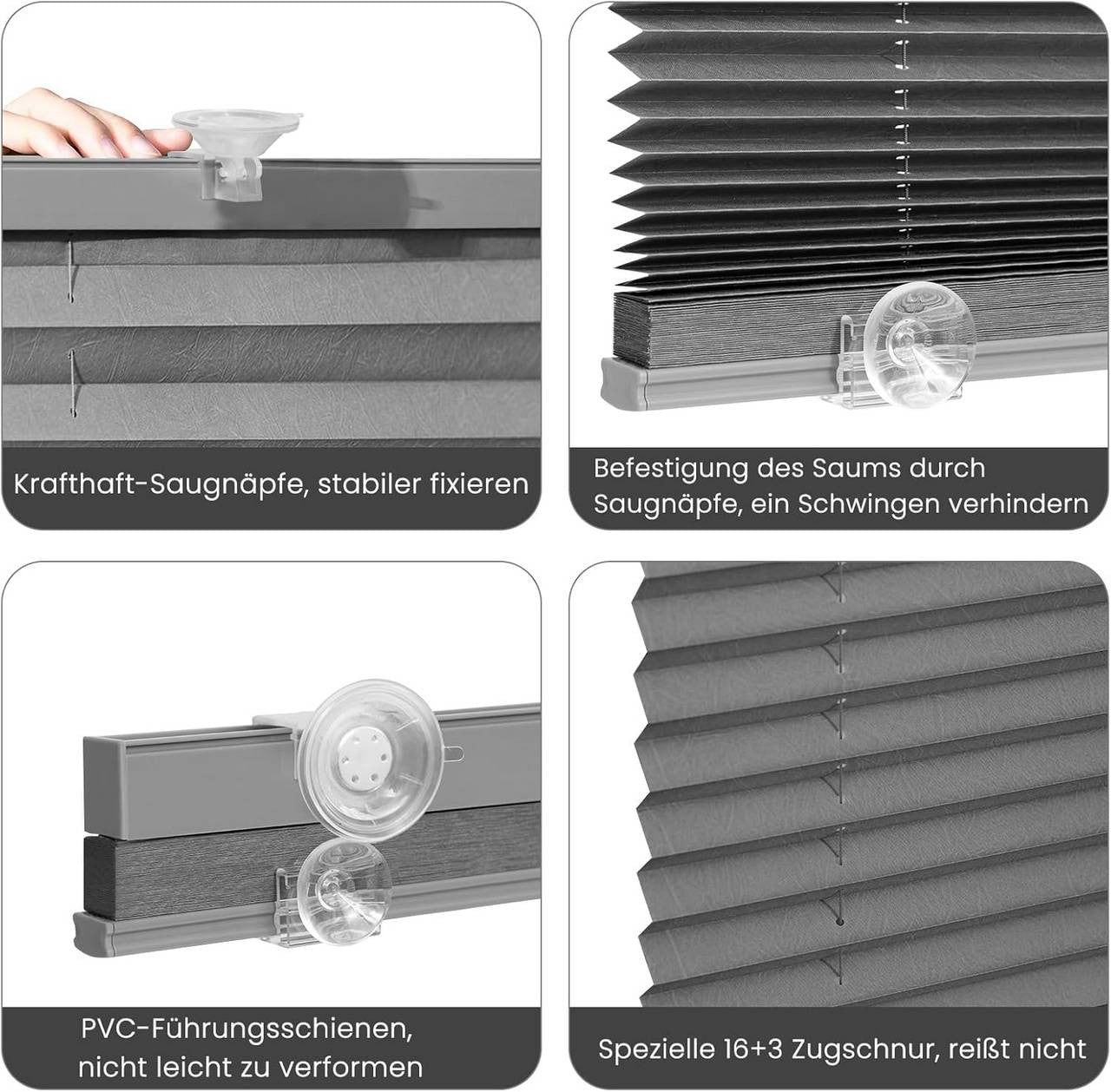 24goodz Pleated Blind without Drilling - Easy Installation with Suction Cups - Polyester - For Any Room - Grey 50 x 130 cm