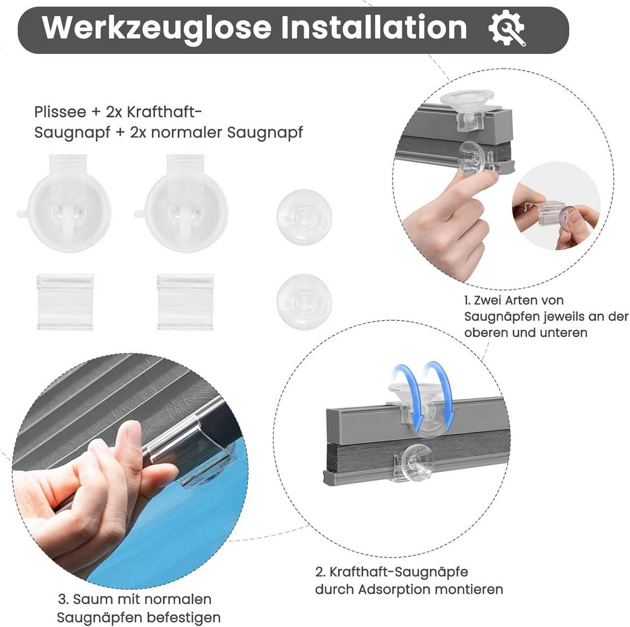 24goodz Pleated Blind without Drilling - Easy Installation with Suction Cups - Polyester - For Any Room - Grey 50 x 130 cm