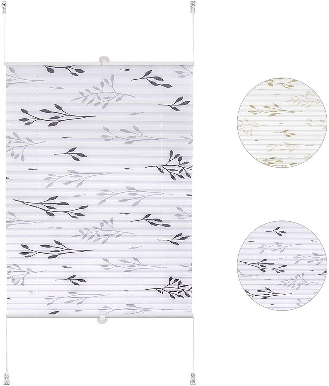 24goodz Pleated Blind Klemmfix - Easy Installation Without Drilling - 100% Polyester - For Windows and Doors - Grey Branch Pattern - 90 x 130 cm