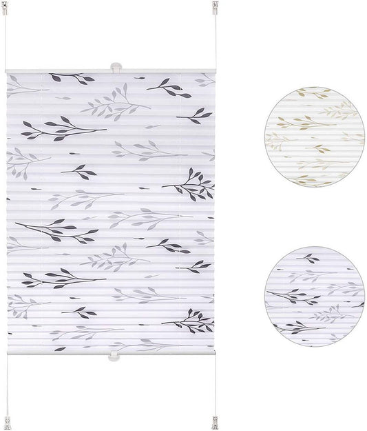 24goodz Pleated Blind Klemmfix - Easy Installation Without Drilling - 100% Polyester - For Windows and Doors - Grey with Branch Pattern - 65 x 130 cm