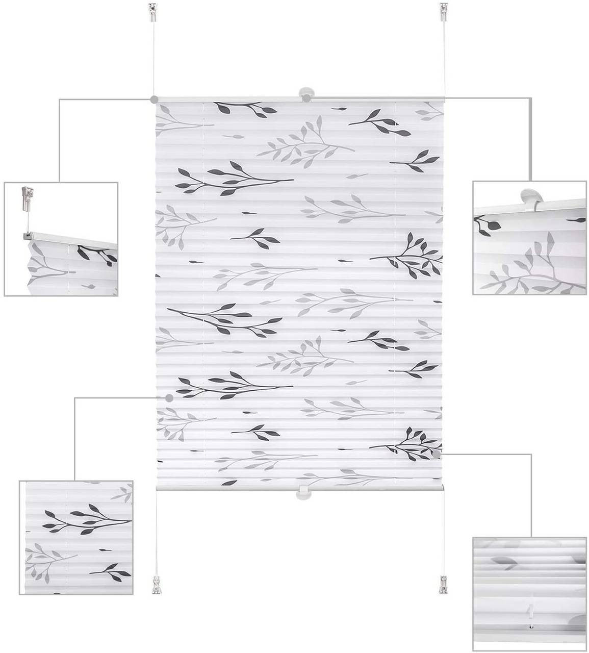 24goodz Pleated Blind Klemmfix - No Drilling Required - Opaque with Branch Pattern - 100% Polyester - Grey - 75 x 130 cm