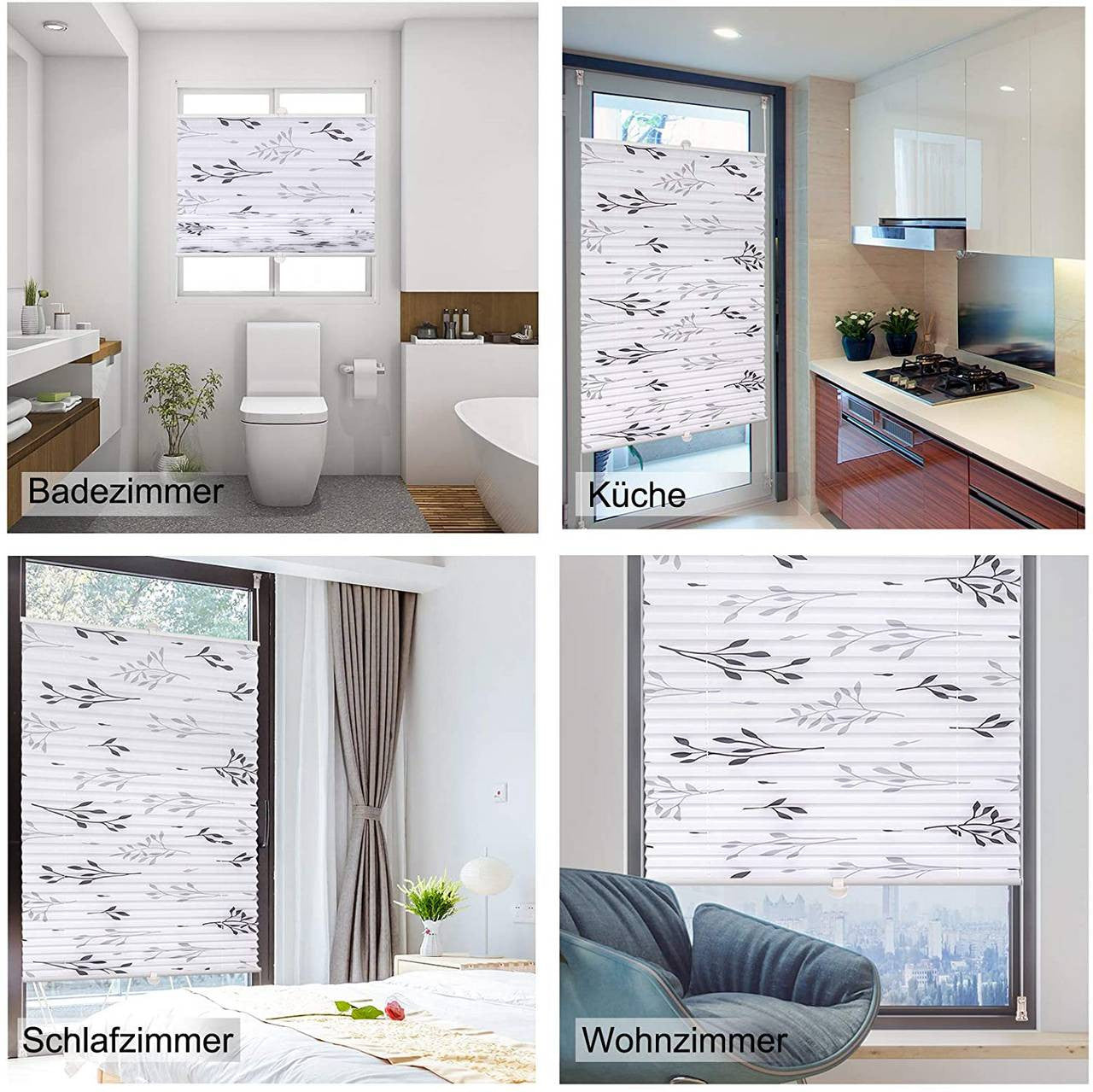 24goodz Pleated Blind Klemmfix - Durable & Easy to Clean - 100% Polyester - For Windows & Doors - Grey with Branch Pattern - 100 x 130 cm