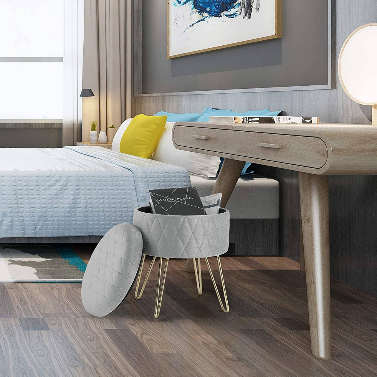 24goodz Velvet Storage Ottoman - Versatile Seating and Storage - MDF Frame - For Every Room - Light Grey - hgr