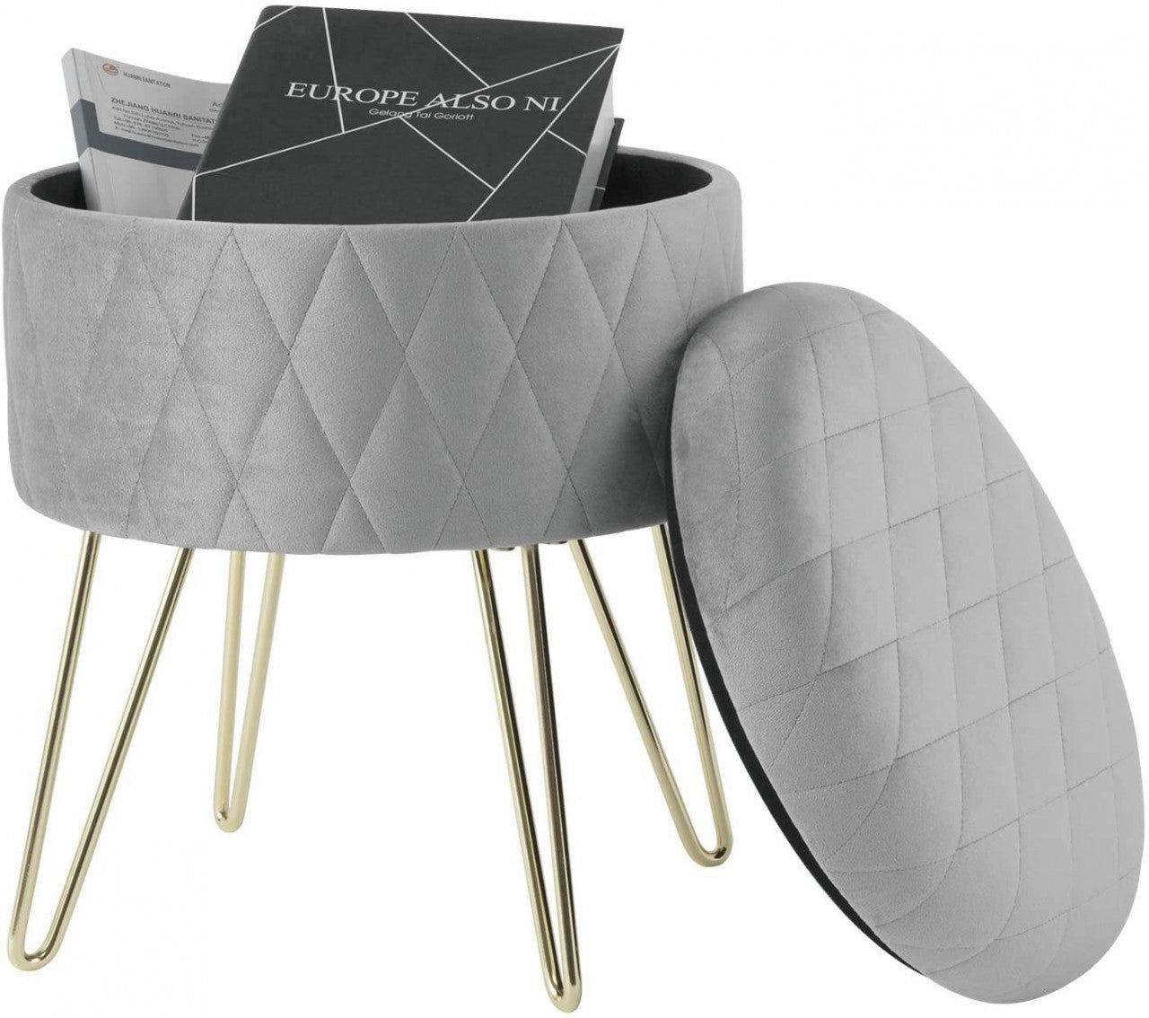 24goodz Velvet Storage Ottoman - Versatile Seating and Storage - MDF Frame - For Every Room - Light Grey - hgr