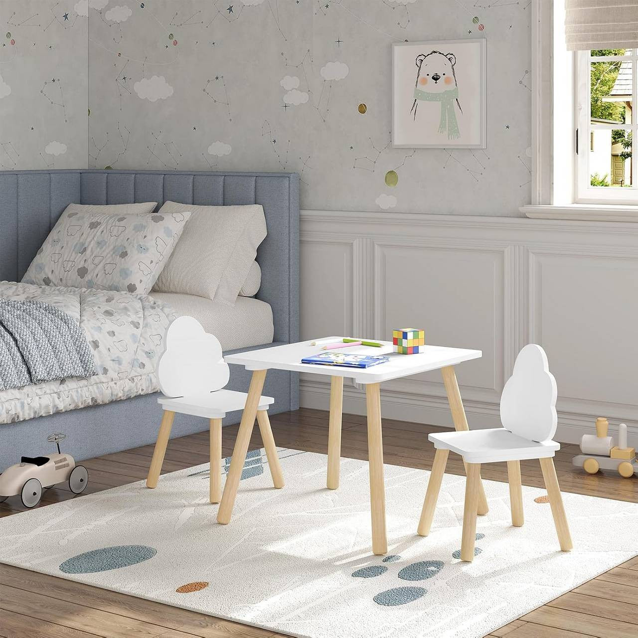 24goodz Square Kids Table with 2 Chairs - Promotes Independence and Creativity - MDF and Solid Wood - For Children - White + Light Oak