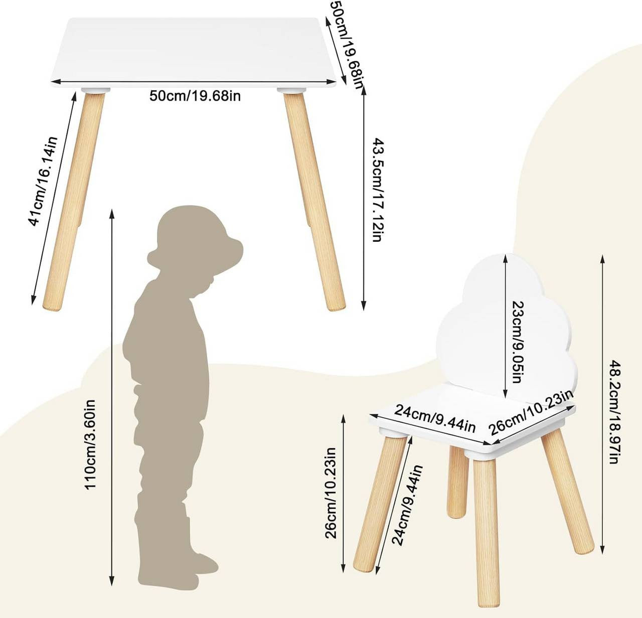 24goodz Square Kids Table with 2 Chairs - Promotes Independence and Creativity - MDF and Solid Wood - For Children - White + Light Oak