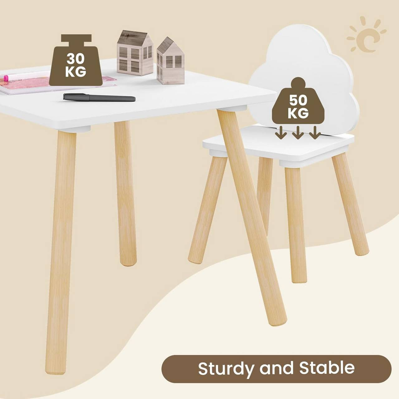 24goodz Square Kids Table with 2 Chairs - Promotes Independence and Creativity - MDF and Solid Wood - For Children - White + Light Oak