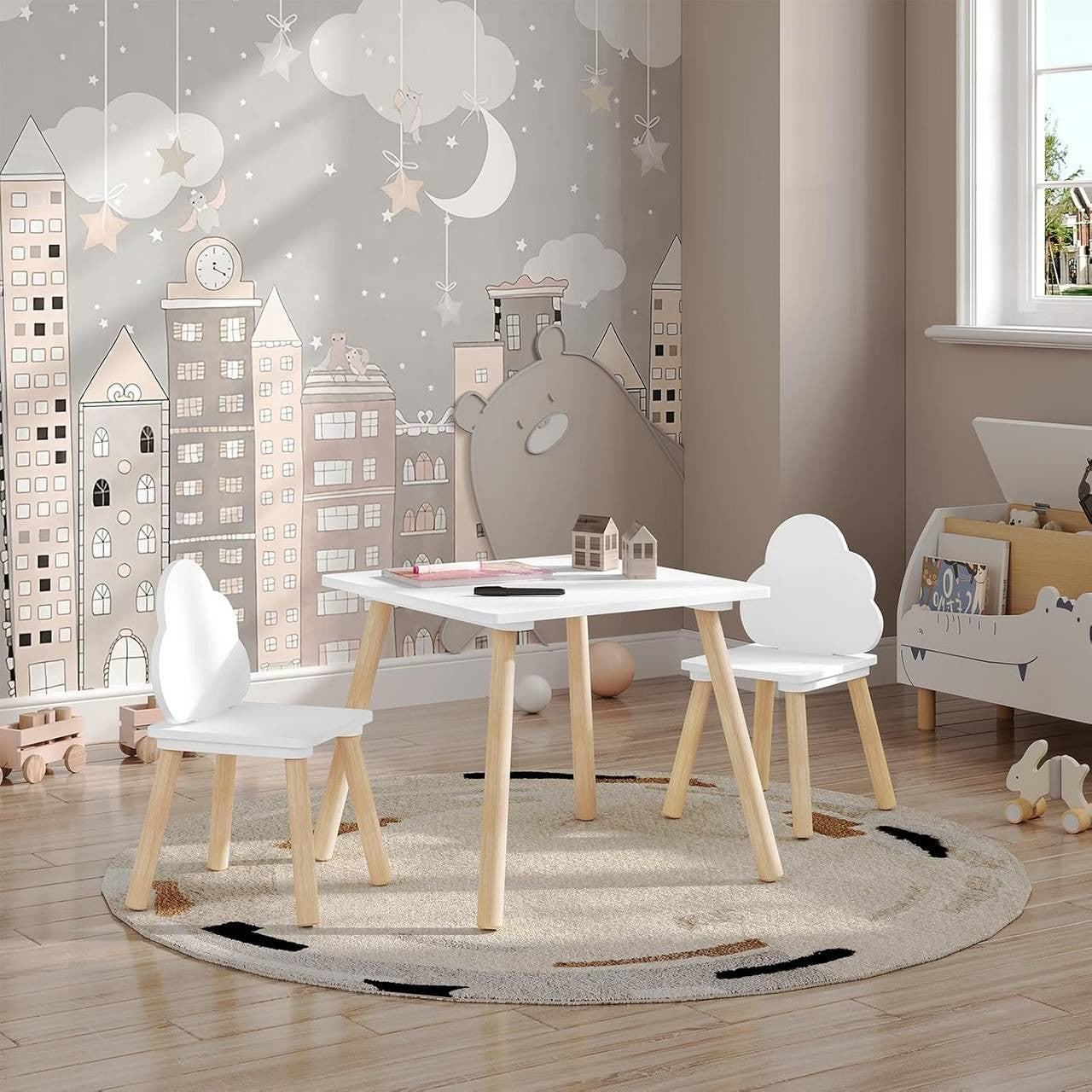 24goodz Square Kids Table with 2 Chairs - Promotes Independence and Creativity - MDF and Solid Wood - For Children - White + Light Oak