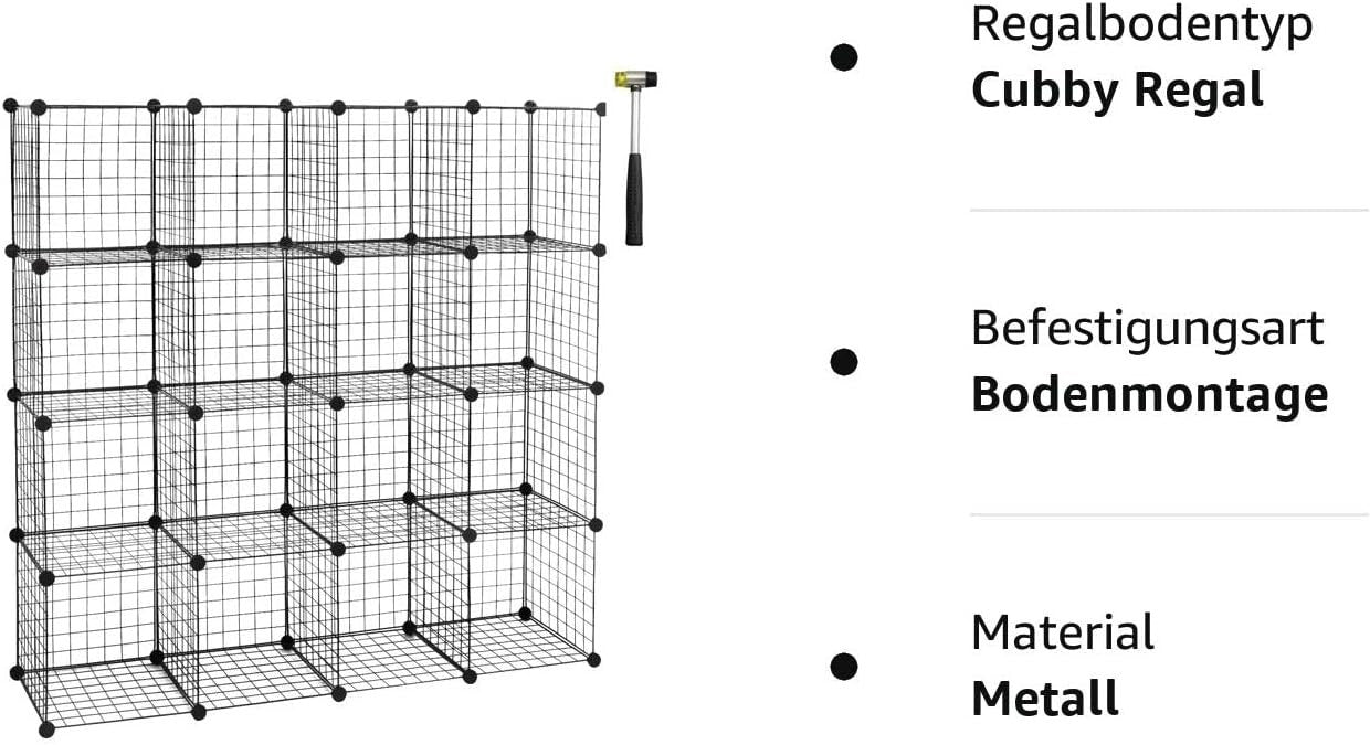 24goodz Storage System Cube with 16 Compartments - Durable and Robust Design - Steel Frame and ABS Connectors - For Every Room - Black - 148x37x148 cm - sz