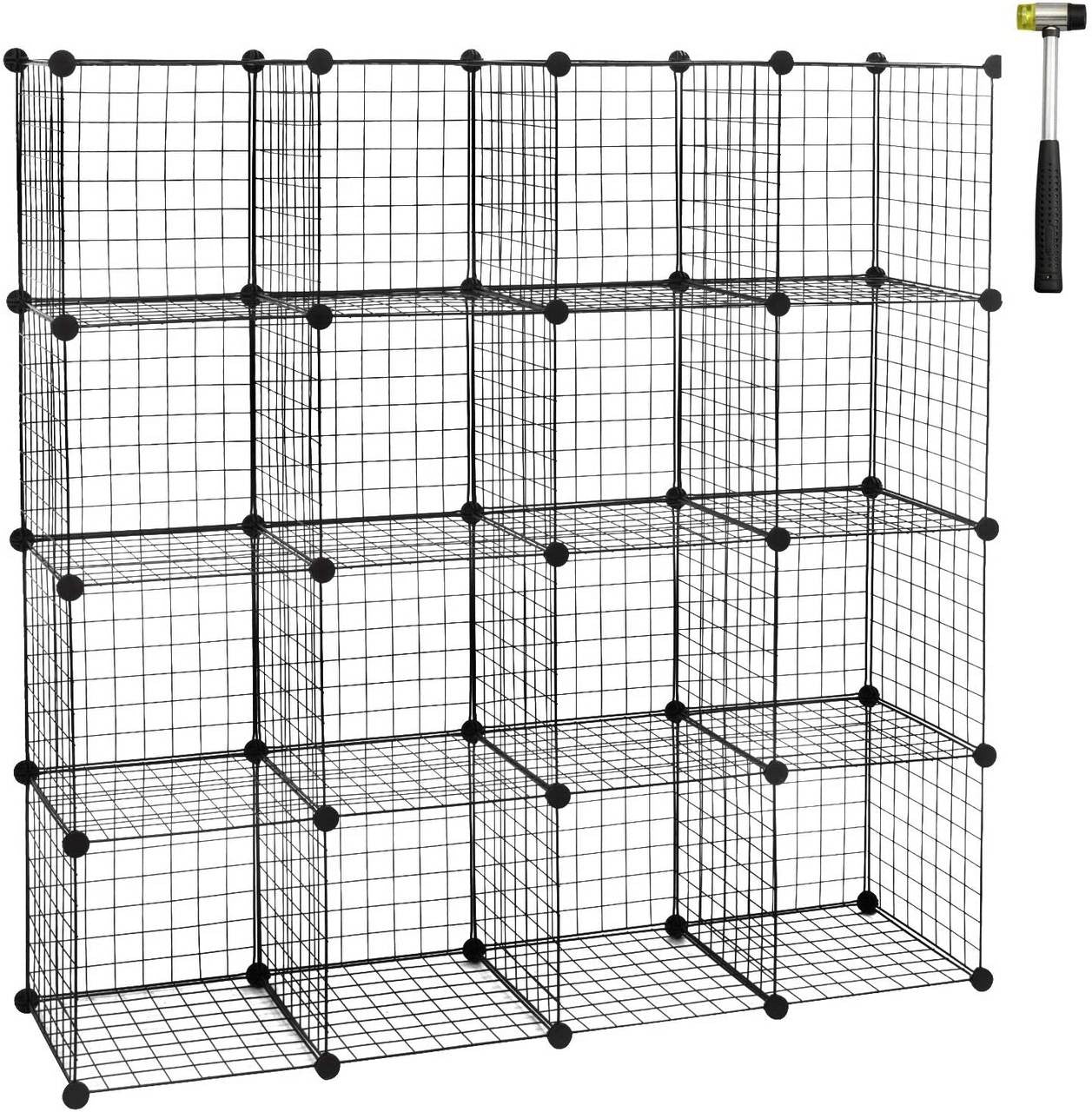 24goodz Storage System Cube with 16 Compartments - Durable and Robust Design - Steel Frame and ABS Connectors - For Every Room - Black - 148x37x148 cm - sz