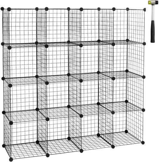 24goodz Storage System Cube with 16 Compartments - Durable and Robust Design - Steel Frame and ABS Connectors - For Every Room - Black - 148x37x148 cm - sz