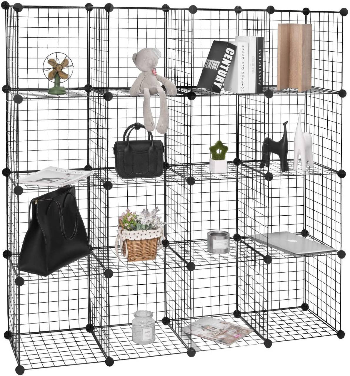24goodz Storage System Cube with 16 Compartments - Durable and Robust Design - Steel Frame and ABS Connectors - For Every Room - Black - 148x37x148 cm - sz