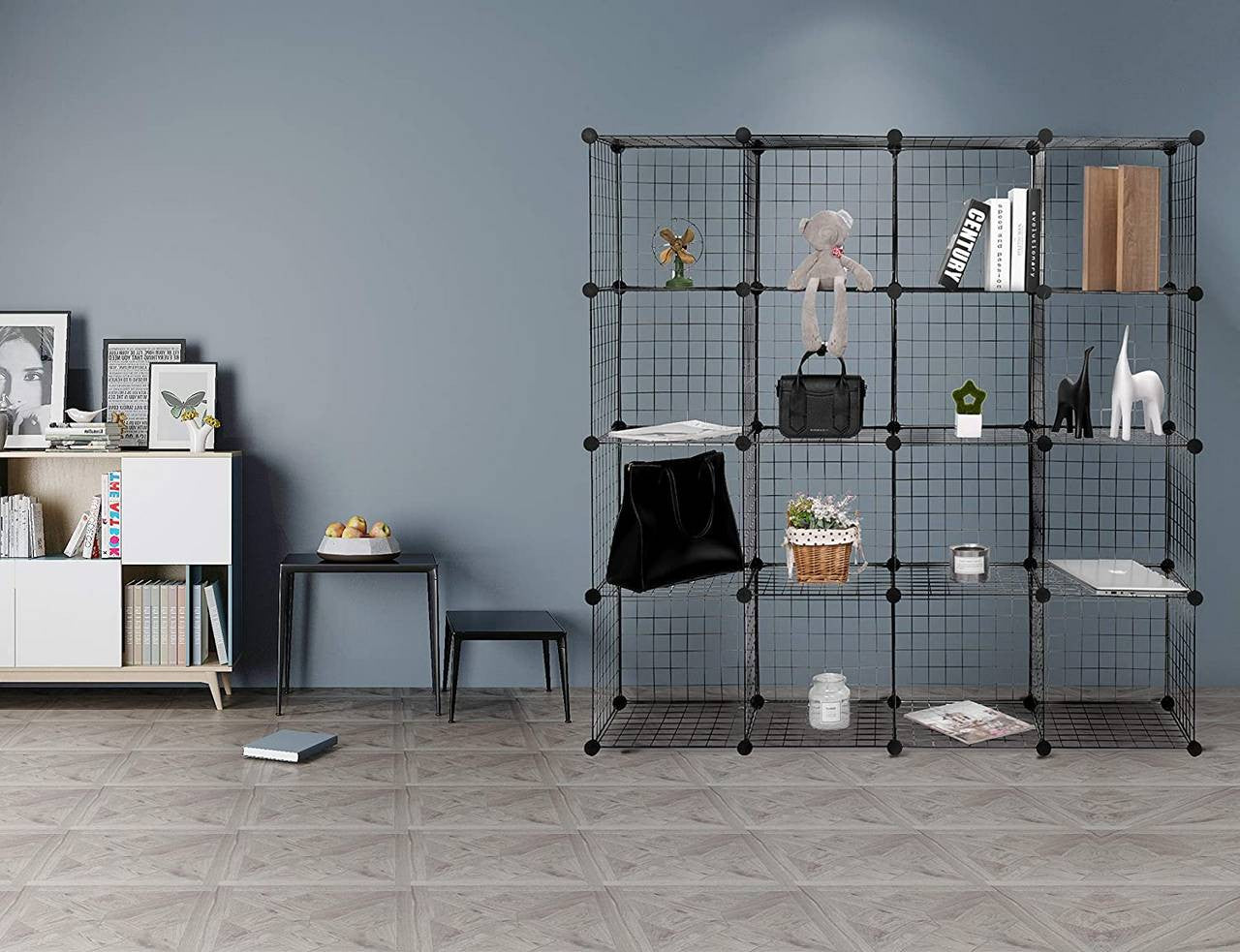 24goodz Storage System Cube with 16 Compartments - Durable and Robust Design - Steel Frame and ABS Connectors - For Every Room - Black - 148x37x148 cm - sz