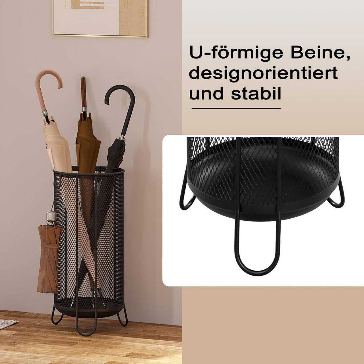 24goodz Umbrella Stand with Water Tray - Large Capacity - Robust & Stable - Iron - Grey - 23 x 49 cm