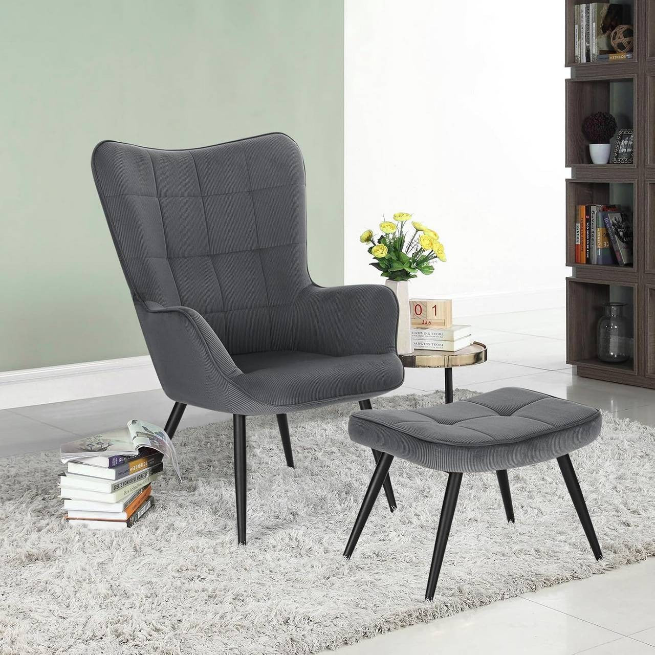 24goodz Relax Chair with Ottoman - Comfortable and Stylish Design - Corduroy - For Living Room and More - Dark Grey - dgr