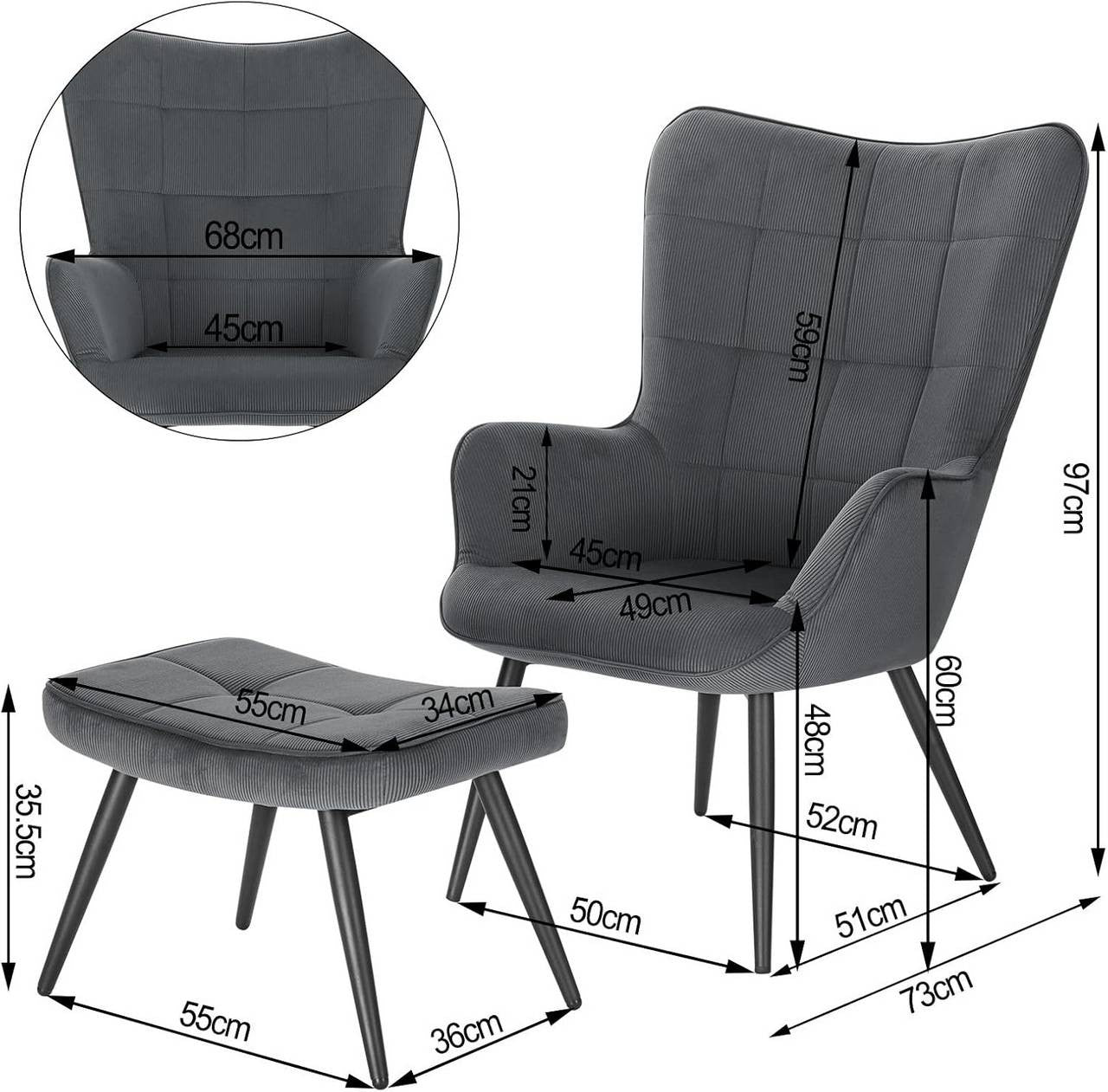 24goodz Relax Chair with Ottoman - Comfortable and Stylish Design - Corduroy - For Living Room and More - Dark Grey - dgr