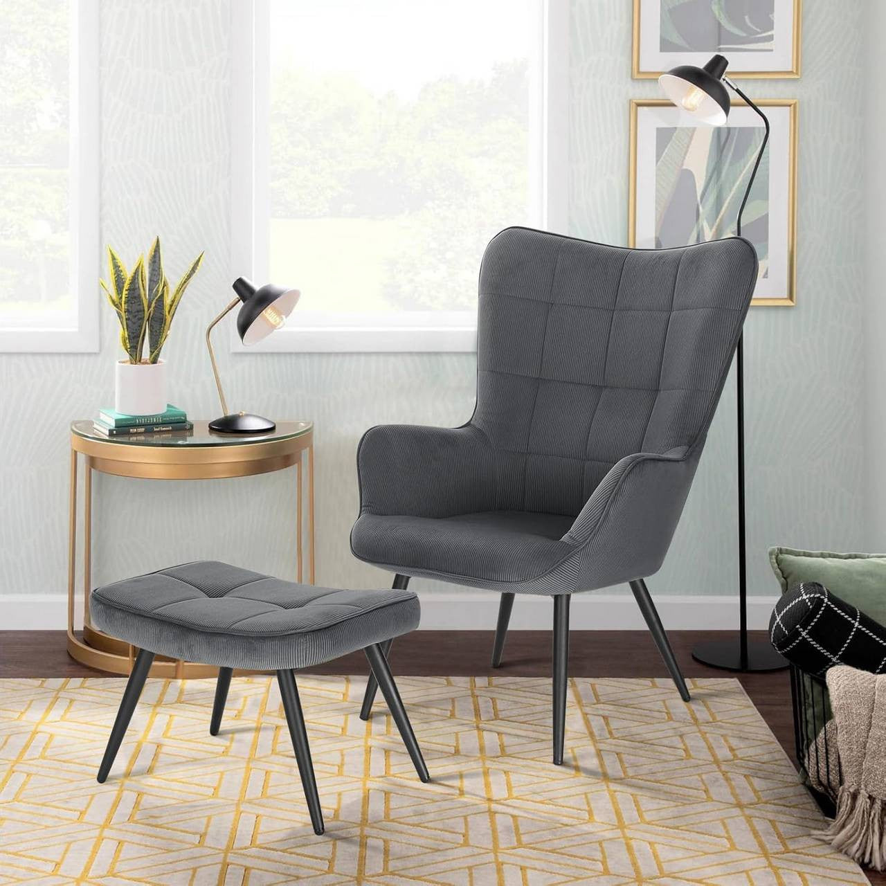 24goodz Relax Chair with Ottoman - Comfortable and Stylish Design - Corduroy - For Living Room and More - Dark Grey - dgr
