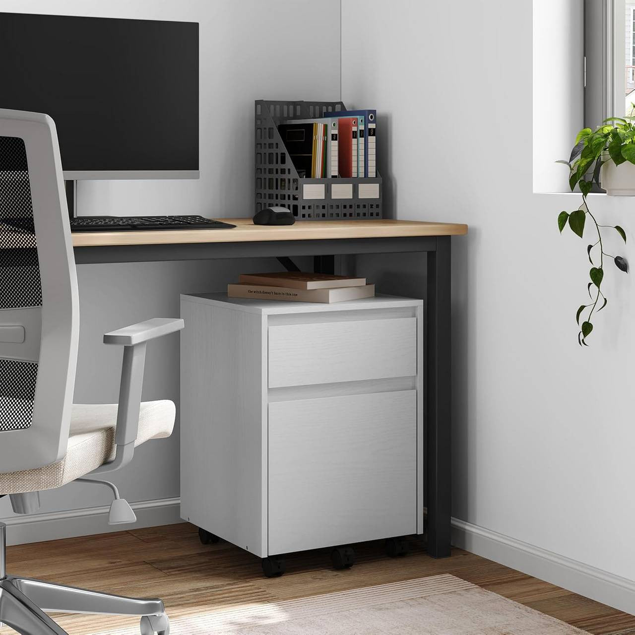 24goodz Mobile Filing Cabinet - Ample Secure Storage - Easy to Move - MDF - For Home Office - Vintage Wood Look/White