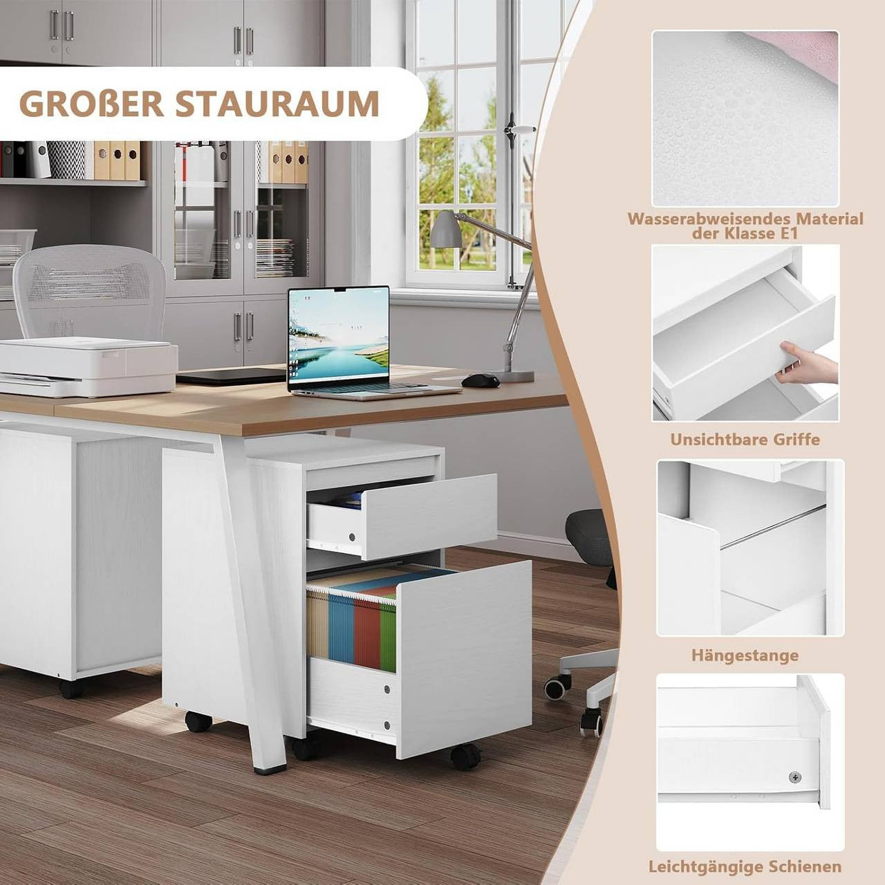 24goodz Mobile Filing Cabinet - Ample Secure Storage - Easy to Move - MDF - For Home Office - Vintage Wood Look/White