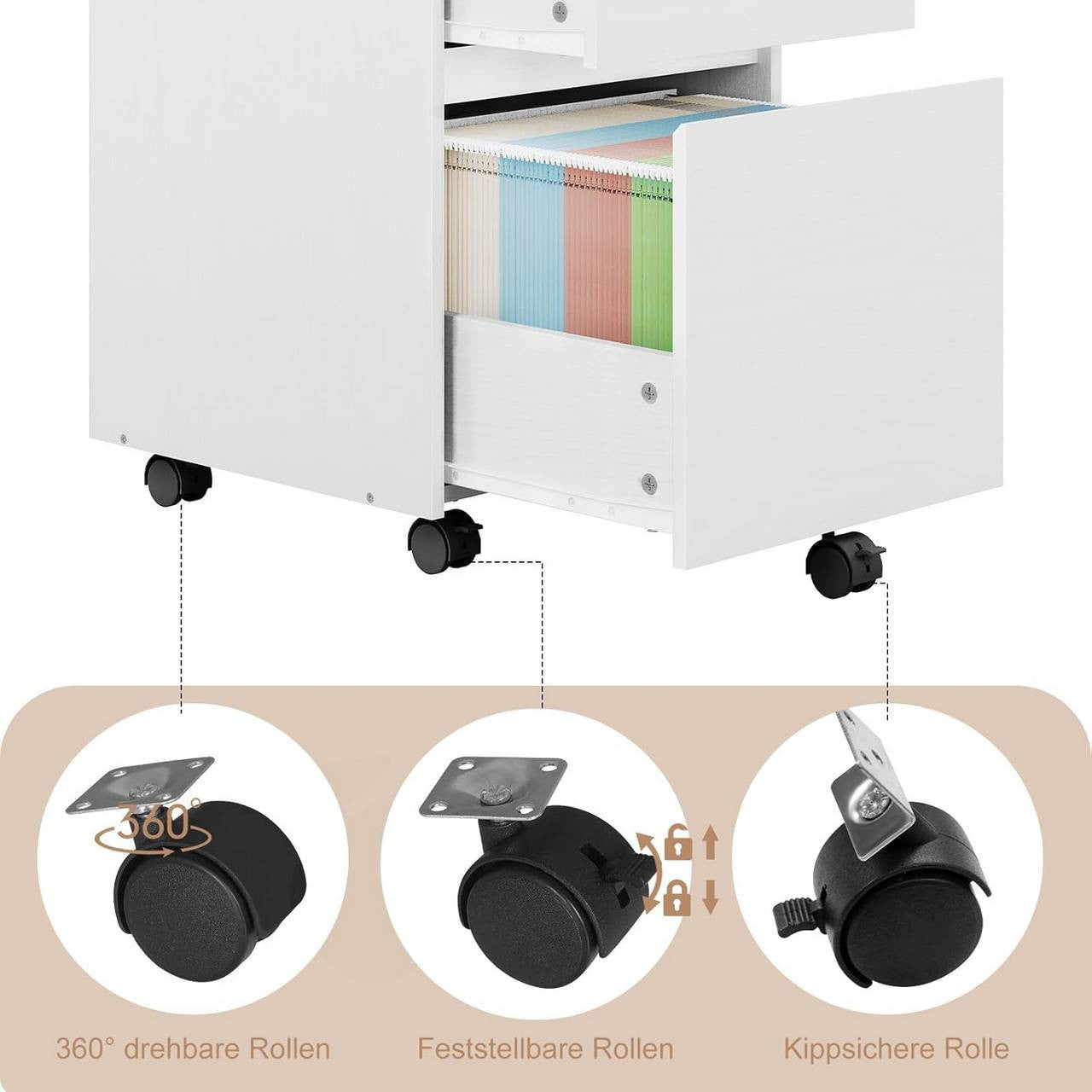 24goodz Mobile Filing Cabinet - Ample Secure Storage - Easy to Move - MDF - For Home Office - Vintage Wood Look/White