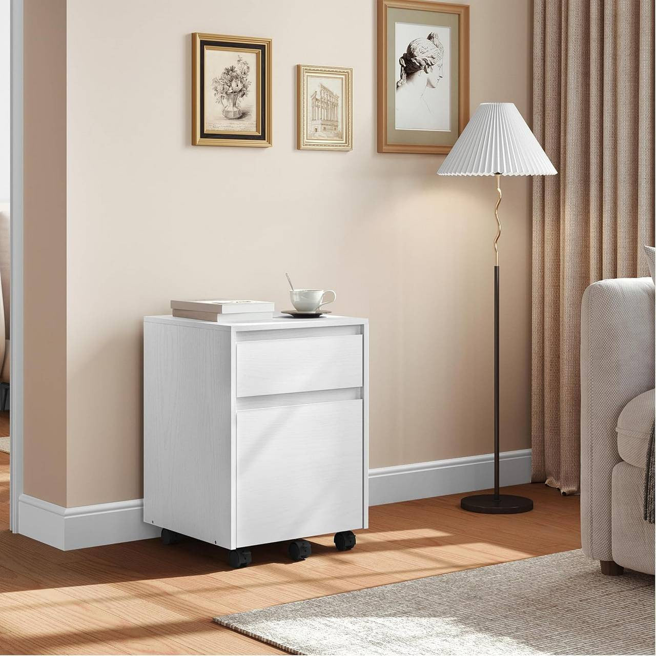24goodz Mobile Filing Cabinet - Ample Secure Storage - Easy to Move - MDF - For Home Office - Vintage Wood Look/White
