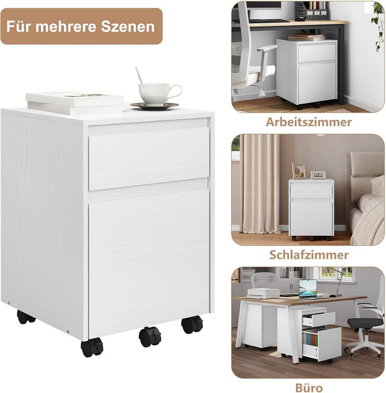 24goodz Mobile Filing Cabinet - Ample Secure Storage - Easy to Move - MDF - For Home Office - Vintage Wood Look/White