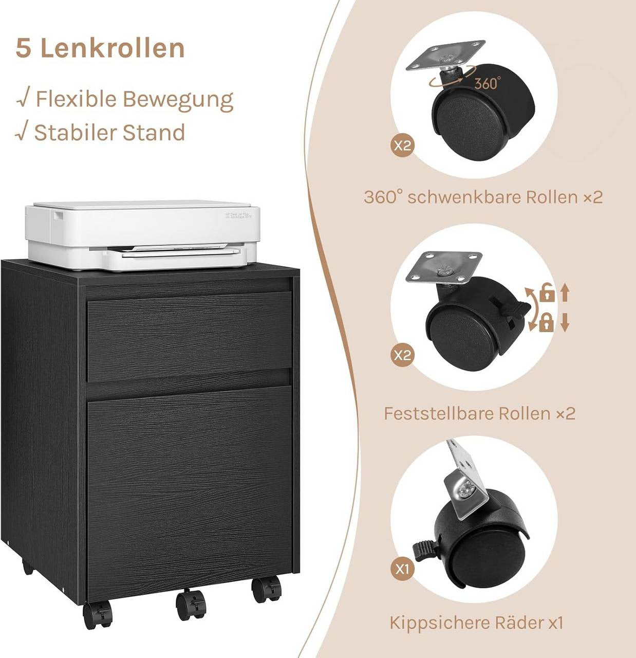 24goodz Mobile Filing Cabinet - Ample Storage Space - Easy Mobility - Wood Material - For Home Office - Vintage Wood Look/White