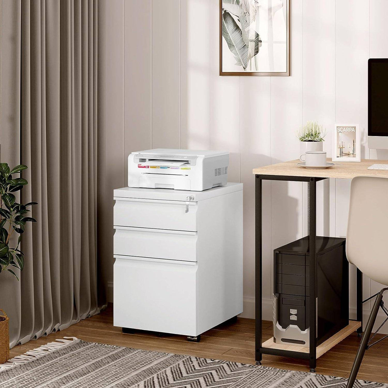 24goodz Mobile Filing Cabinet with 3 Drawers - Secure and Silent Operation - Iron - For Home Office or Bedroom - Black/White