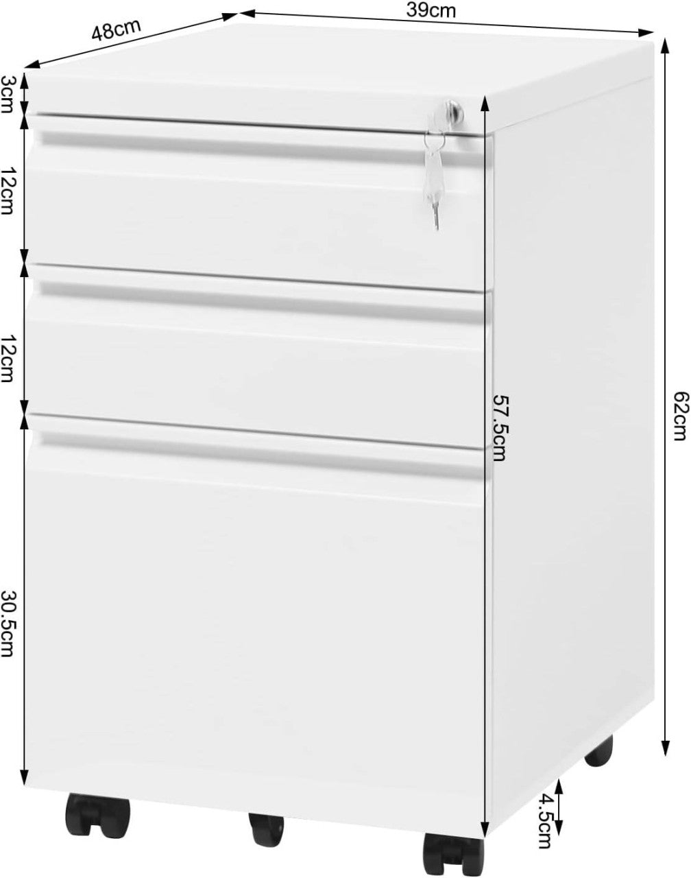 24goodz Mobile Filing Cabinet with 3 Drawers - Secure and Silent Operation - Iron - For Home Office or Bedroom - Black/White