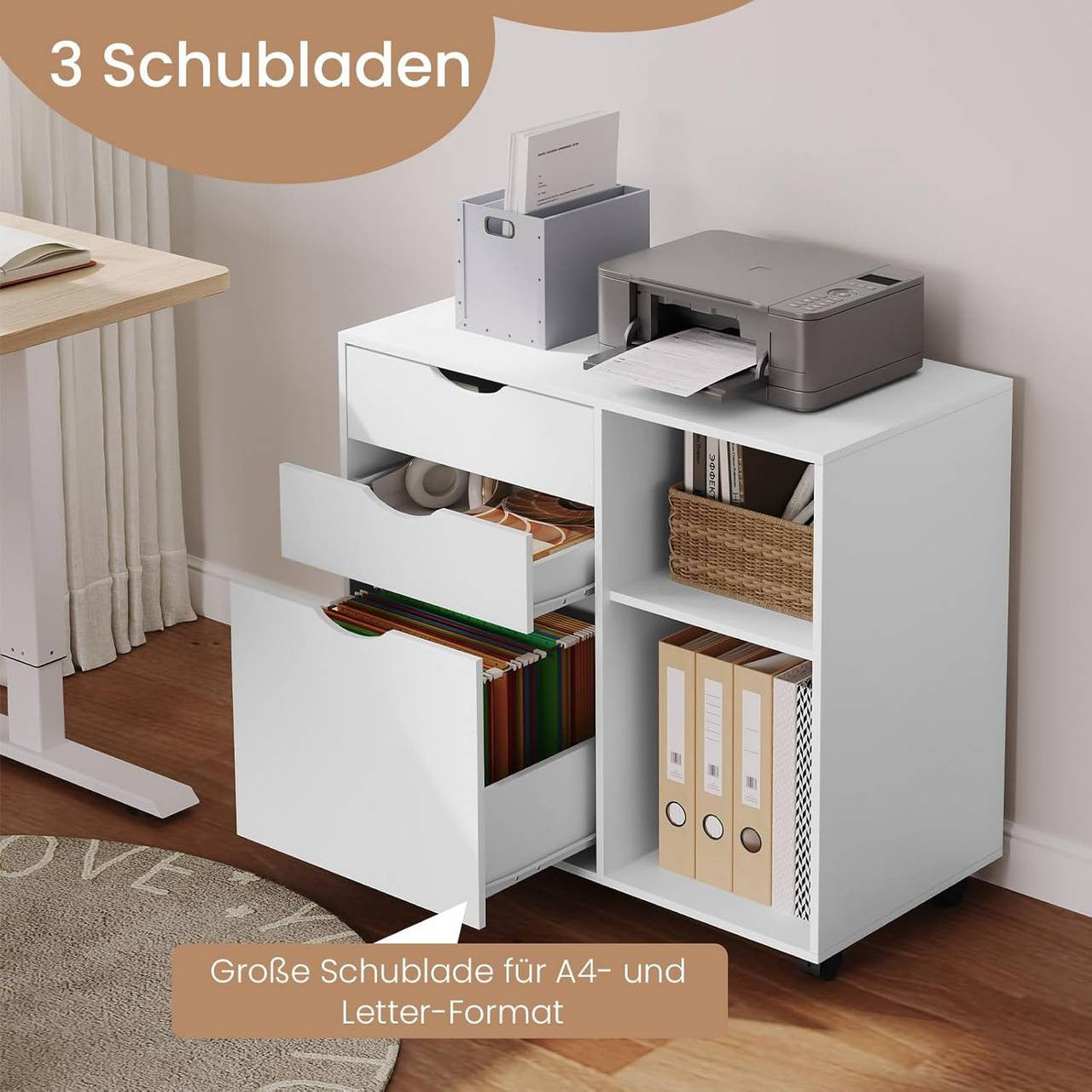 24goodz Mobile Filing Cabinet - Ample Storage Space - Durable E1 Wood Material - White