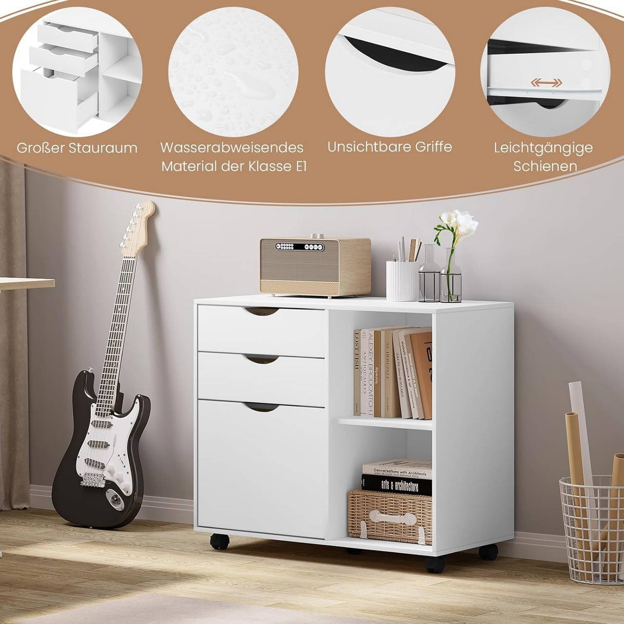 24goodz Mobile Filing Cabinet - Ample Storage Space - Durable E1 Wood Material - White