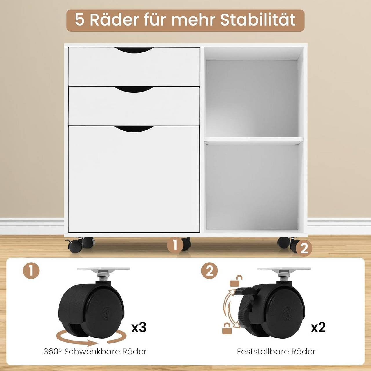 24goodz Mobile Filing Cabinet - Ample Storage Space - Durable E1 Wood Material - White