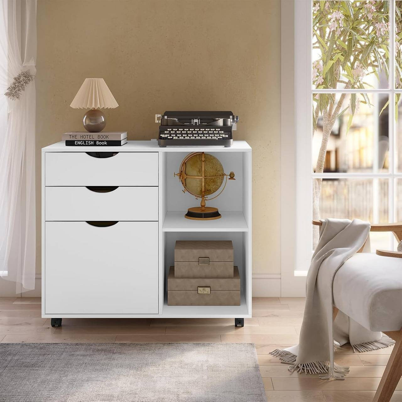 24goodz Mobile Filing Cabinet - Ample Storage Space - Durable E1 Wood Material - White