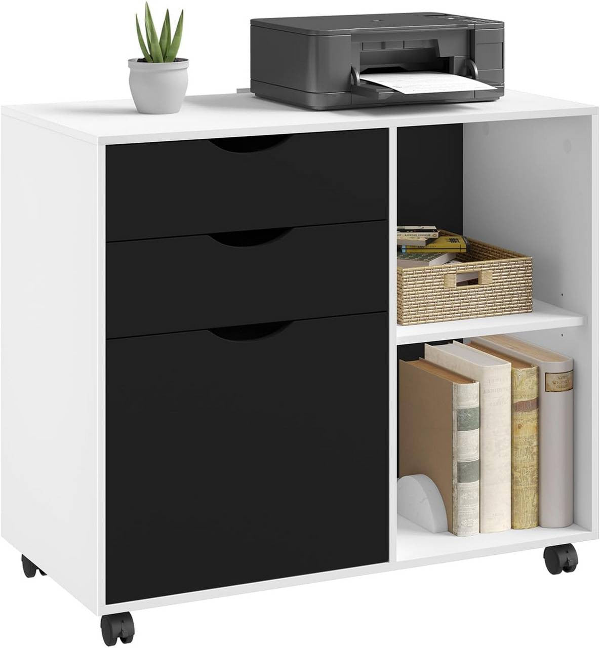 24goodz Mobile Filing Cabinet - Ample Storage Space - Sturdy and Durable - E1 Wood Material - White + Black - 80 x 69.5 x 39.5 cm