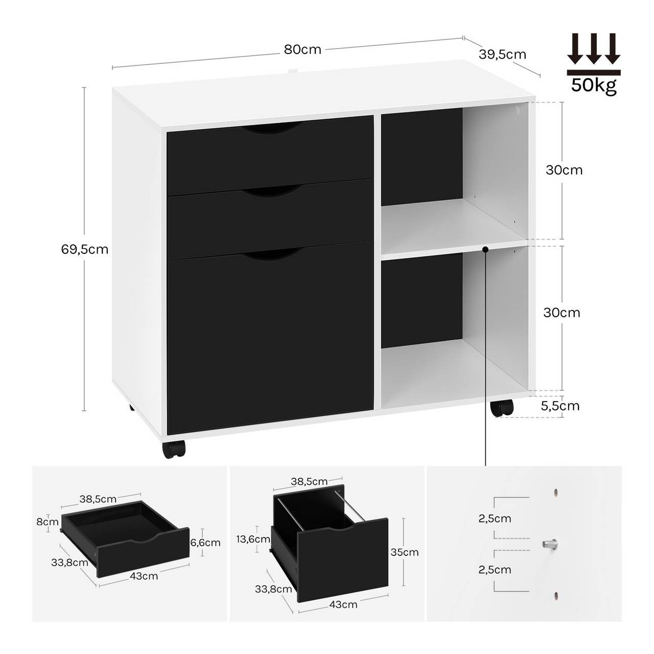 24goodz Mobile Filing Cabinet - Ample Storage Space - Sturdy and Durable - E1 Wood Material - White + Black - 80 x 69.5 x 39.5 cm