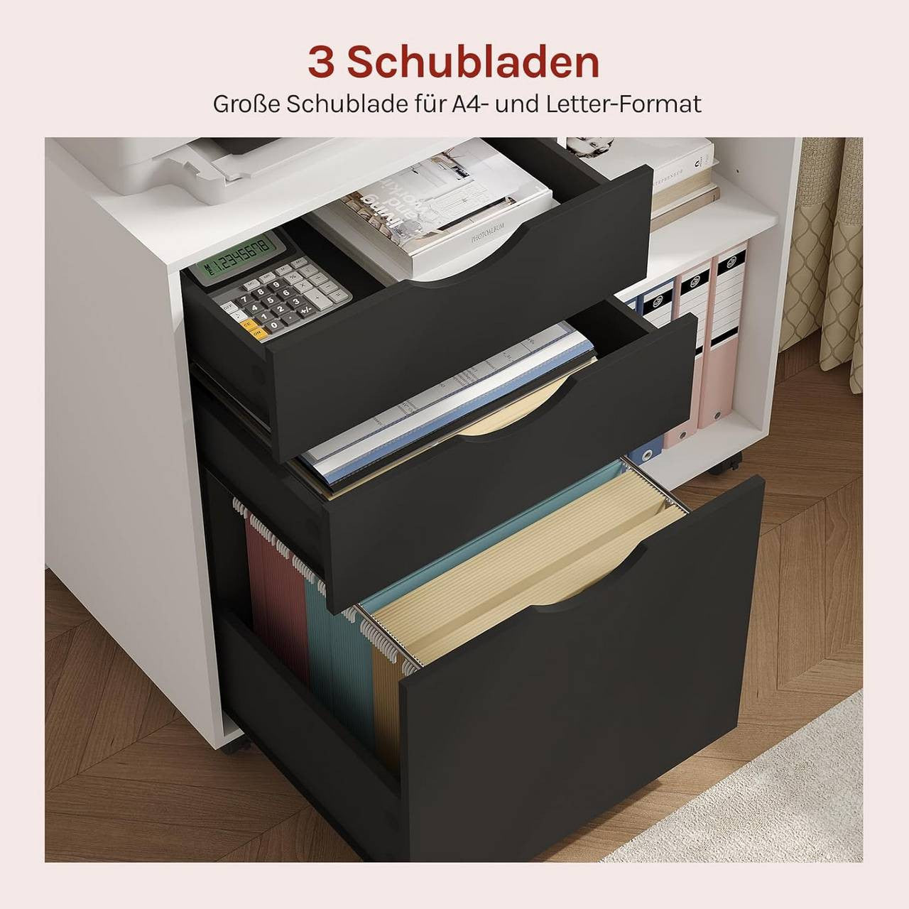 24goodz Mobile Filing Cabinet - Ample Storage Space - Sturdy and Durable - E1 Wood Material - White + Black - 80 x 69.5 x 39.5 cm
