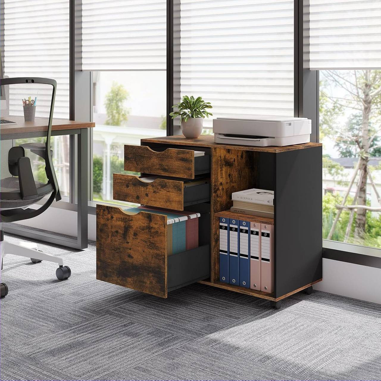 24goodz Mobile Filing Cabinet - Ample Storage Space - Durable E1 Wood Material - For Home and Office - Rustic Brown