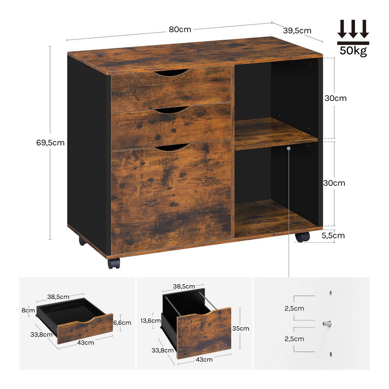 24goodz Mobile Filing Cabinet - Ample Storage Space - Durable E1 Wood Material - For Home and Office - Rustic Brown