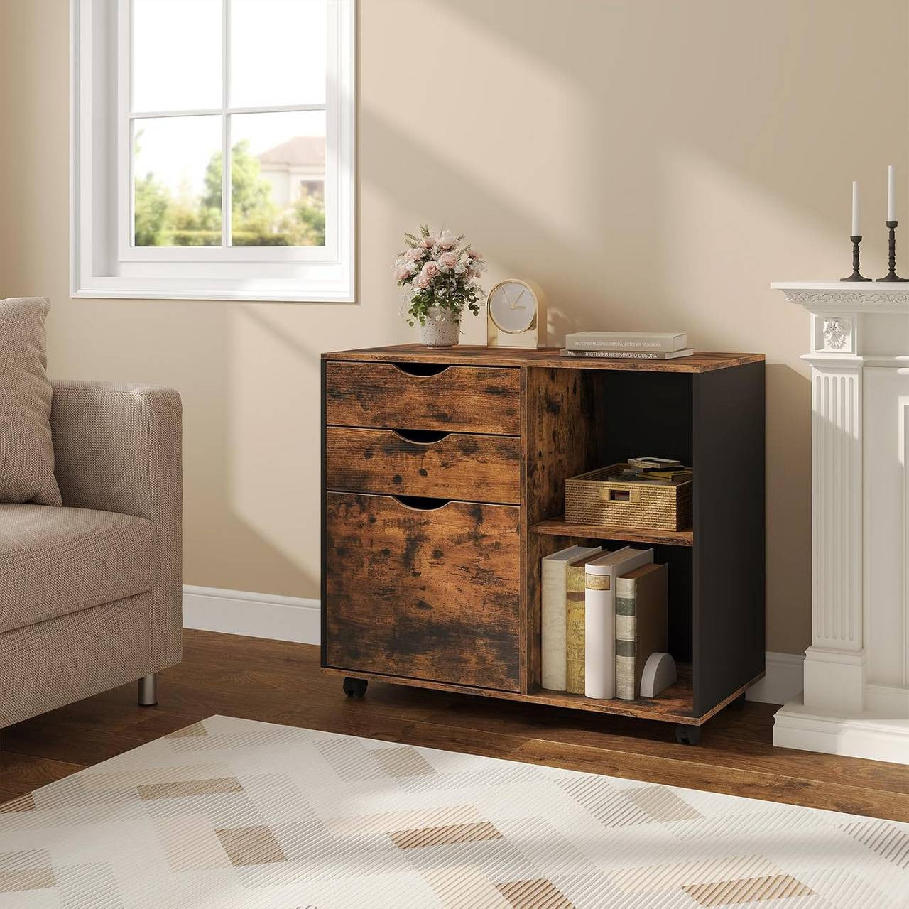 24goodz Mobile Filing Cabinet - Ample Storage Space - Durable E1 Wood Material - For Home and Office - Rustic Brown