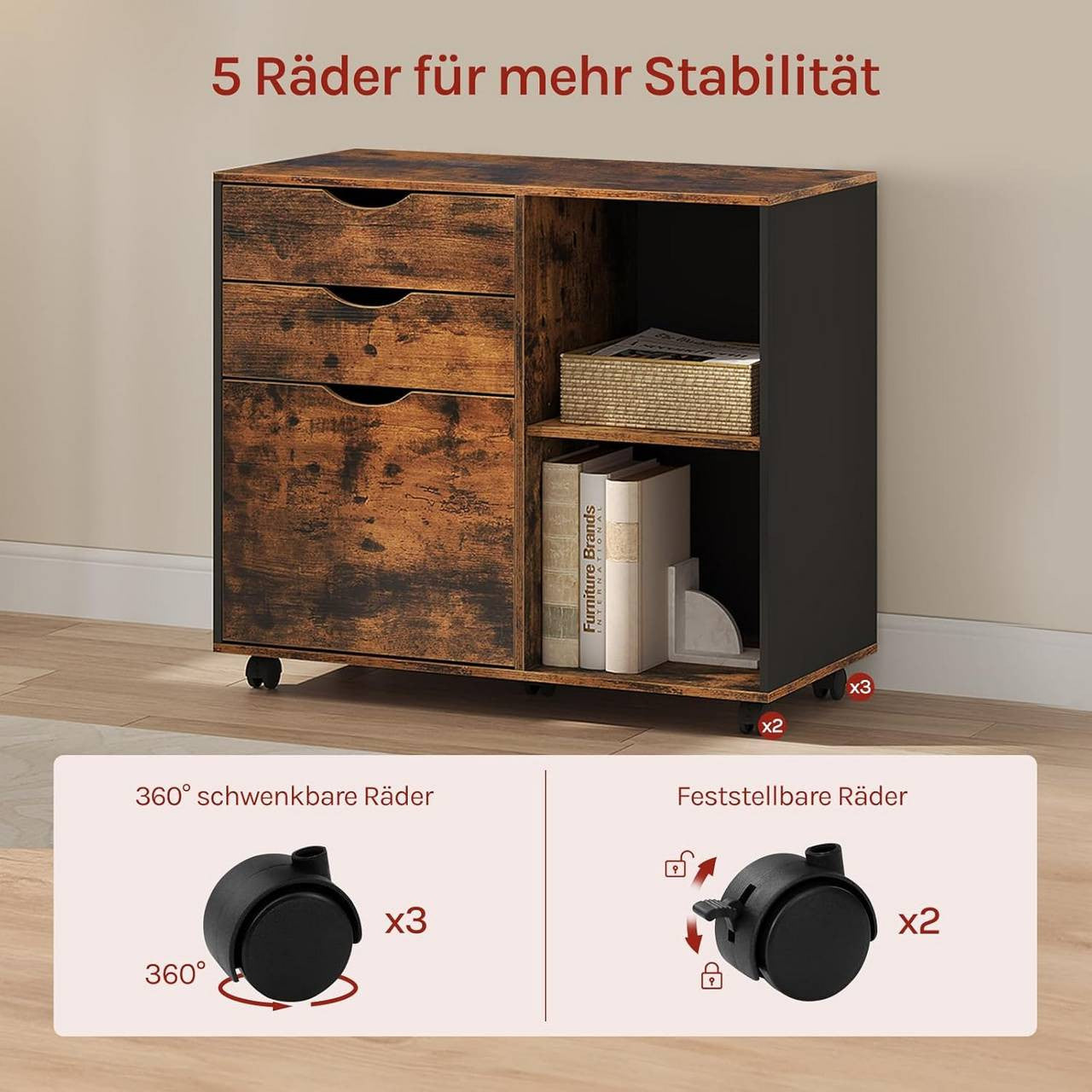 24goodz Mobile Filing Cabinet - Ample Storage Space - Durable E1 Wood Material - For Home and Office - Rustic Brown