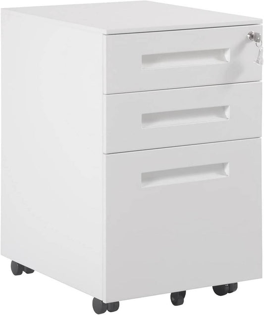 24goodz Metal Rolling Office Cabinet with 3 Drawers - Secure Storage Solution - Steel - For Home and Office - White - ws