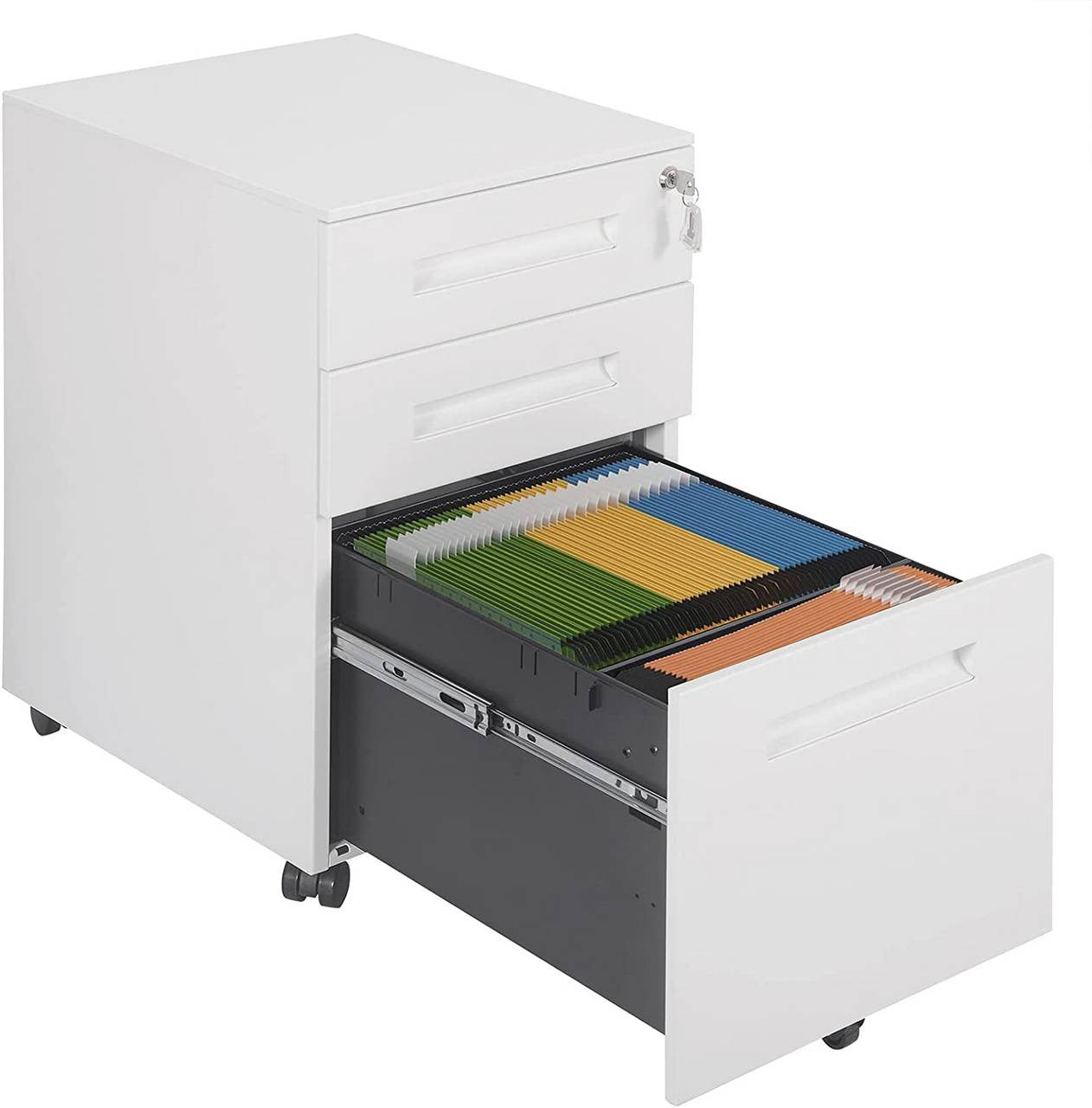 24goodz Metal Rolling Office Cabinet with 3 Drawers - Secure Storage Solution - Steel - For Home and Office - White - ws