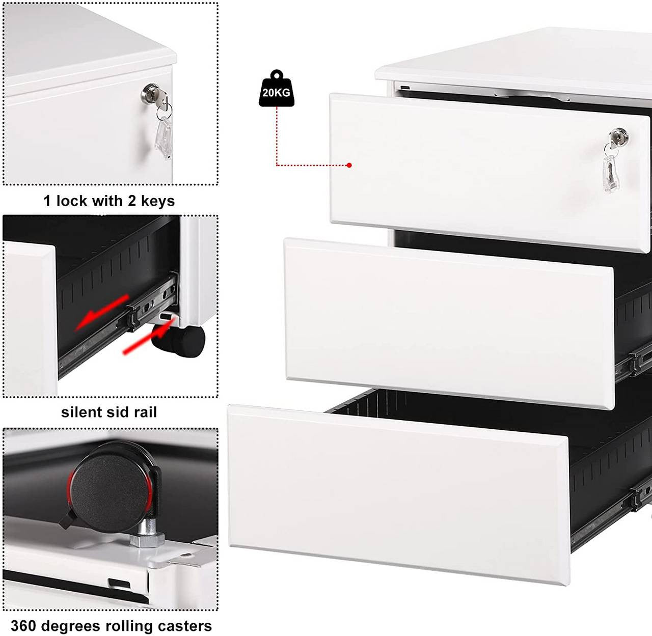 24goodz Rolling File Cabinet with 3 Drawers - Secure Document Storage - Steel - For Home Office - White - ws