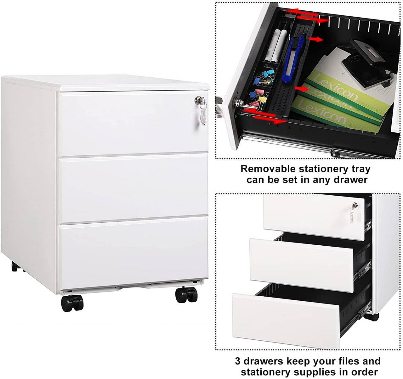24goodz Rolling File Cabinet with 3 Drawers - Secure Document Storage - Steel - For Home Office - White - ws