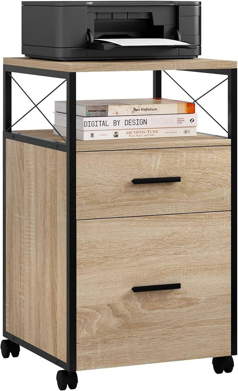 24goodz Rolling Storage Cabinet - Versatile Storage Solution - Durable E1 Wood and Metal - For Home and Office - Light Oak